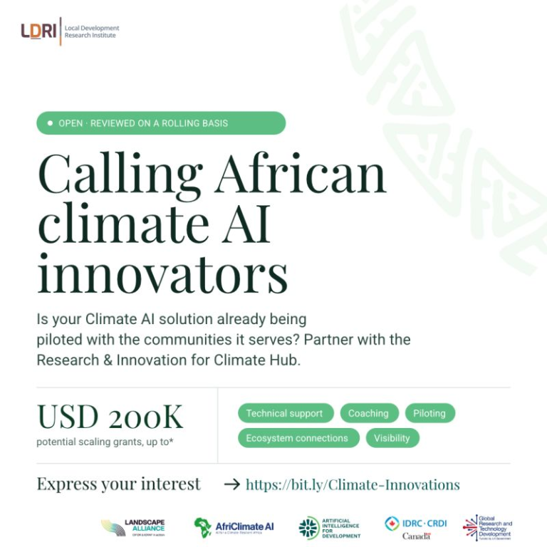 RICH Hub poster inviting African climate AI innovators to express interest, with potential scaling grants of up to USD 200,000.